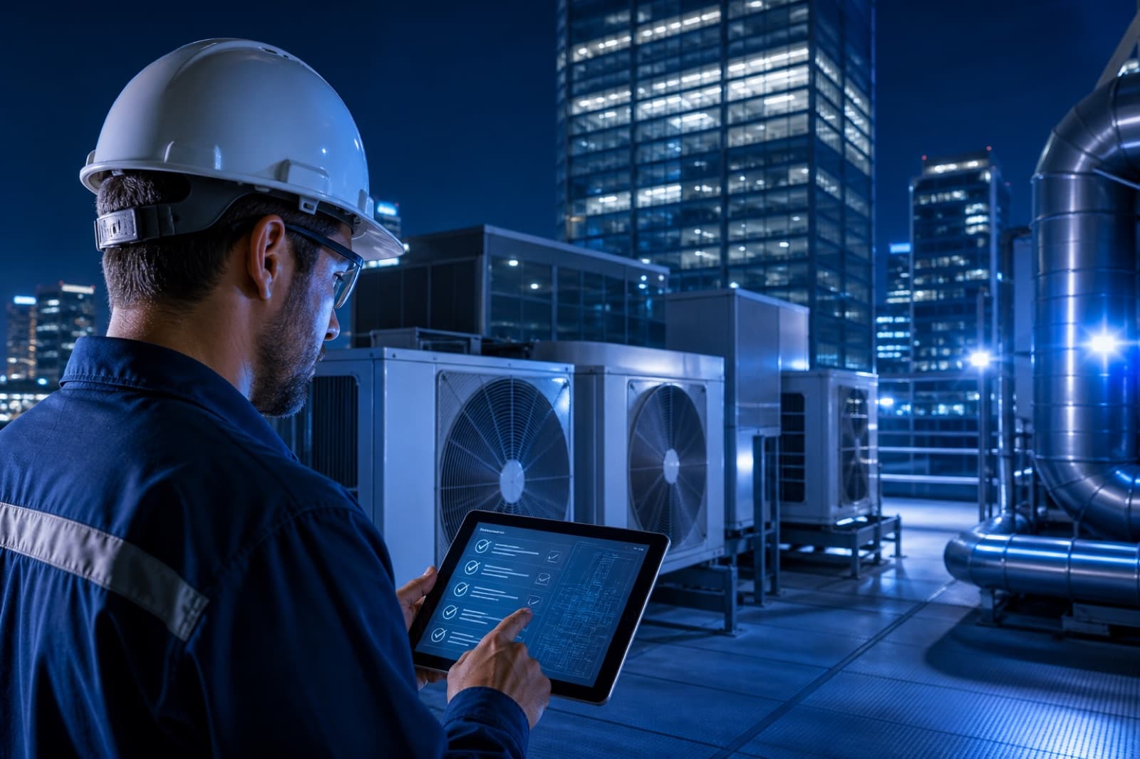 Técnico de facilities em manutenção predial com tablet