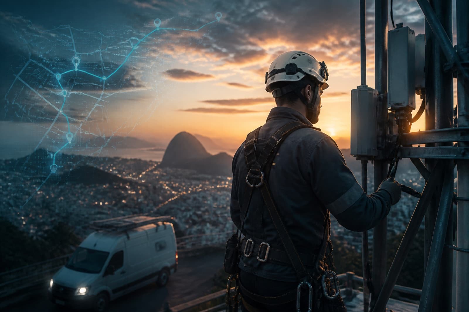 Operação de telecom em campo com torre e equipe técnica