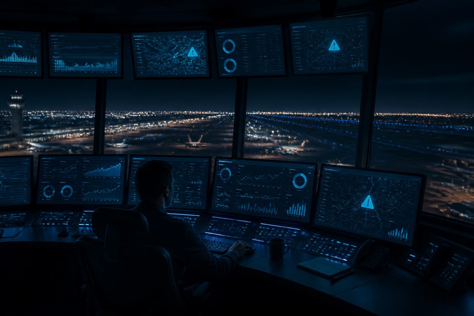 Torre de controle com dashboards e alertas de exceção