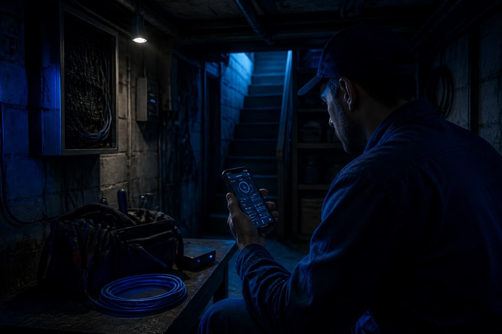 Técnico em ambiente sem sinal preenchendo OS no celular
